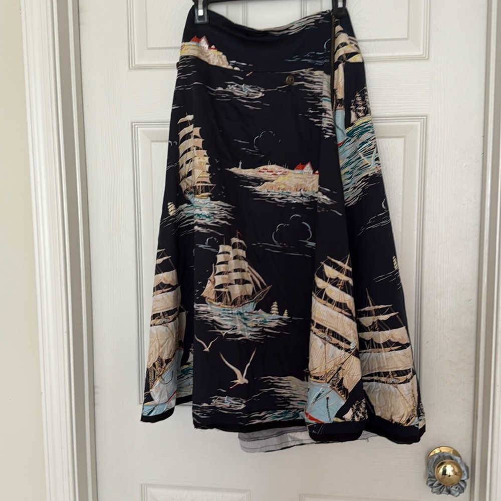 Anthropologie Leifnotes Sailaway Circle Skirt in Navy Nautical Print